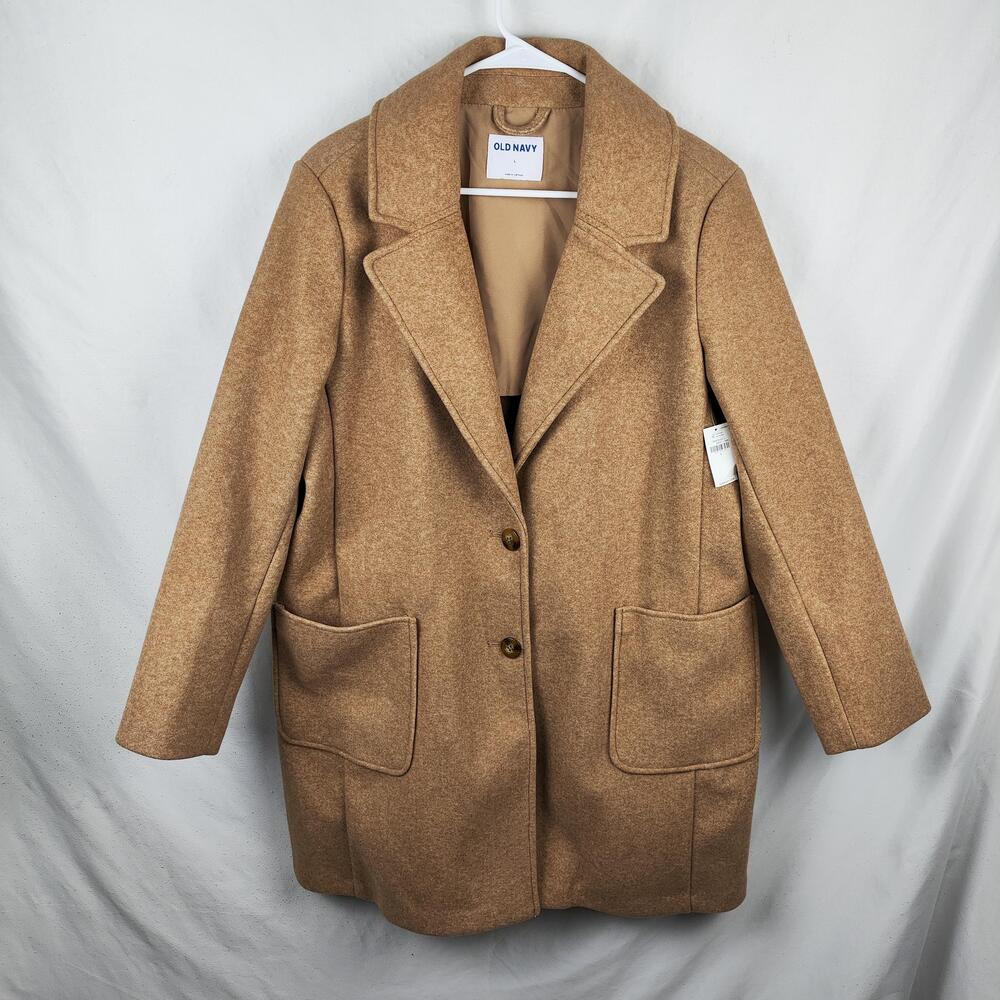 Old Navy Coat Womens Large Beige Twill Overcoat Button Front Pockets Lined